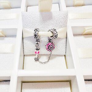 925 Sterling Silver Pink Flower And Arrow Safety Chain Charm Fits Pandora